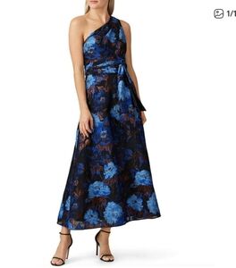 Aidan Mattox Womens Size 4 Blue One Shoulder Floral Jacquard Draped Gown
